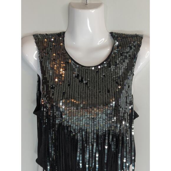 H&M Green Black Cascading Sequin Tassel Fringe Top Womens S Party Glam‎ Cropped - Picture 5 of 12